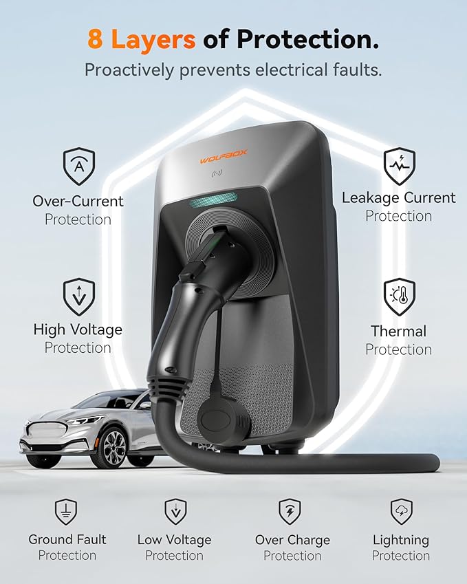 WOLFBOX Level 2 ev Charger 40 Amp J1772,ev Charger Level 2 with NEMA 14-50 Plug 25ft Cable,Smart APP&RFID Card Control,240V Electric Vehicle Charging Station for Electric Automobile(WE40)