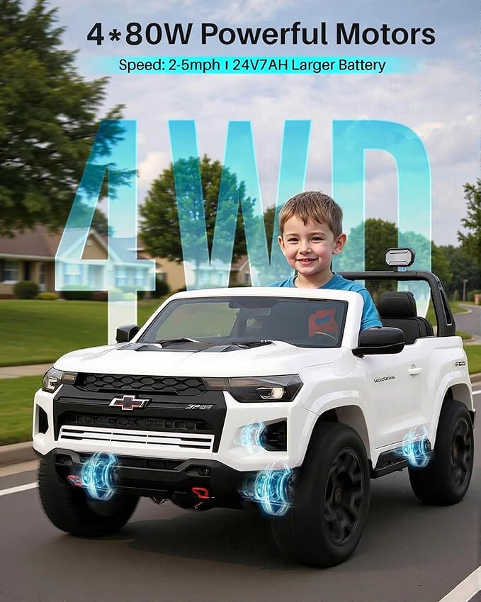 Joywhale 24V Ride on Truck 4WD Kids Electric Vehicle Licensed Chevorlet Ride on car with 7AH Big Battery, 320W Powerful Motors. 2 Seats, Music, 4 Wheel Suspension, 2 Speeds, LED Lights, White