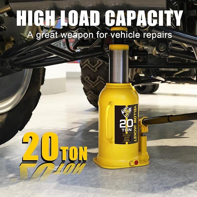 YELLOW JACKET 20 Ton Muti-Directional Welded Bottle Jack (40,000lb), Horizontal Bottle Jacks Use for Car, Pickup, Truck, RV, Auto Repair, Hydraulic Bottle Jack, Yellow