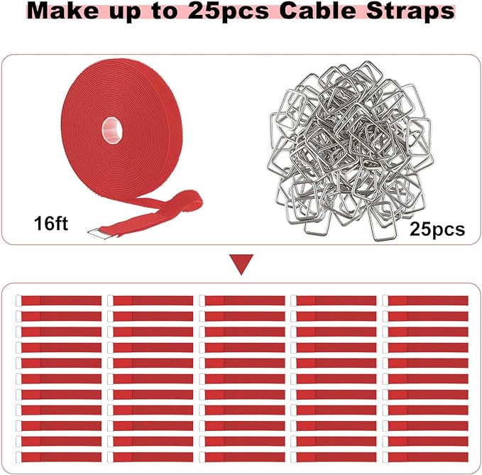 1"x16ft Hook and Loop Straps with 25 Metal Buckles, Adjustable Fastening Cable Straps, Cut-to-Length Cinch Strap, Reusable Nylon Securing Cord Ties for Organizer or Storage, 1 inch Wide,Red