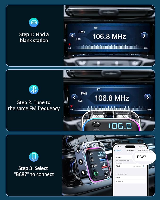 LENCENT Bluetooth 5.3 FM Transmitter Car Adapter 48W (PD30W & QC18W) Fast Charger, Light Switch, HiFi Bass Sound Audio Receiver Wireless Radio MP3 Music Player, Hands-Free Calling, Support USB Drive