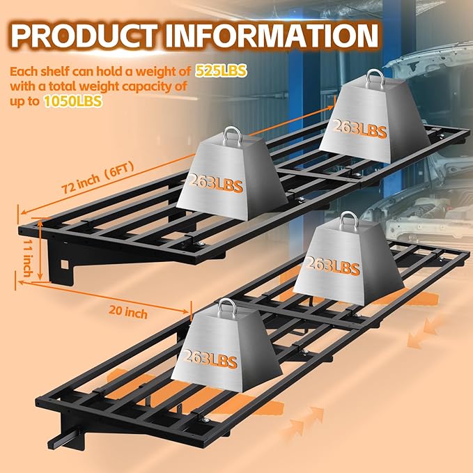 Garage Wall Shelving with Hooks,2-Pack 1.64 x 6ft Garage Wall Shelf,Loads 1050 lbs Heavy Duty Wall Shelves,20” x 72” Garage Shelves Wall Mounted,Black