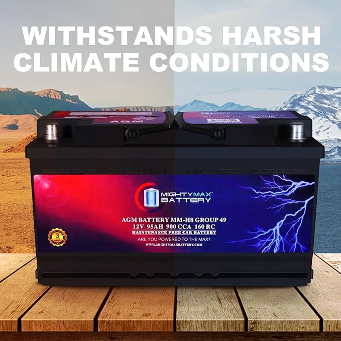 Mighty Max Battery MM-H8 Start and Stop Car BCI Group 49 12V 95Ah, 160RC, 900 CCA Rechargeable AGM Car Battery