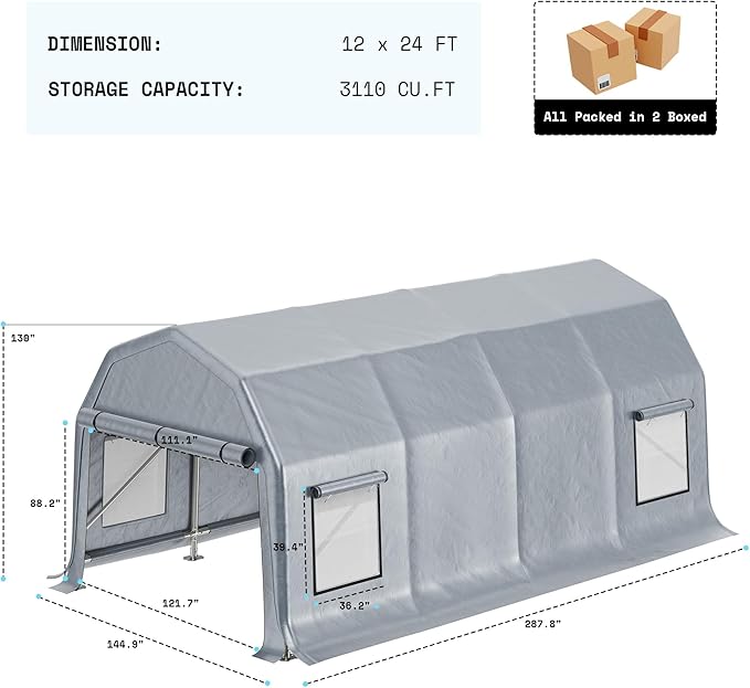 AMERLIFE 12x24 FT Heavy Duty Carport Garage Canopy, All-Weather Steel Frame Outdoor Shelter with Roll-Up Door & 4 Vented Windows, UV-Proof Waterproof Portable Storage for Cars, Boats, Silver