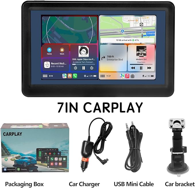 Wireless Car Stereo Compatable with Apple CarPlay and Android Auto, 7-inch Touch Screen in Car FM Transmission, with 5.0 Bluetooth Hands-Free/Mirrored Projection/Portable Car Stereo for All Vehicles