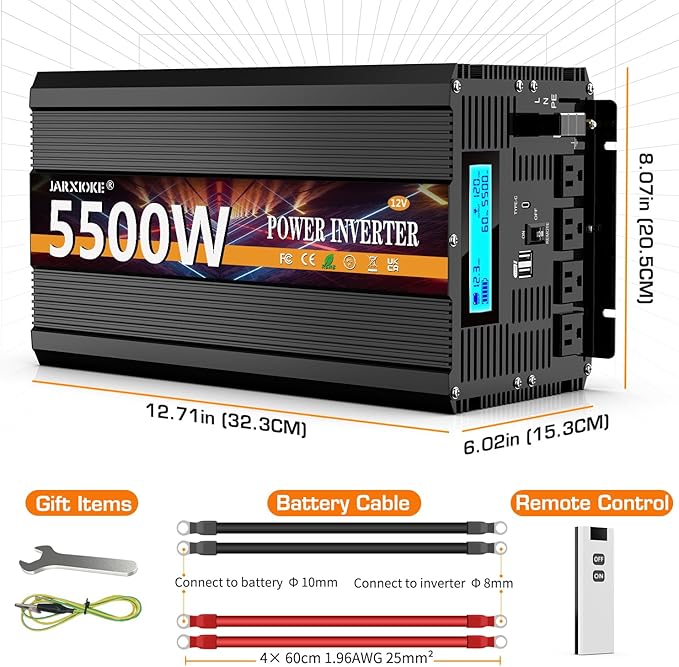5500 Watt Power Inverter 12V DC to 110V 120V Converter for Family RV Off Grid Solar System Car with Type-C Ports 3 AC Power Outlets Dual USB Ports LCD Display Wireless Remote Control