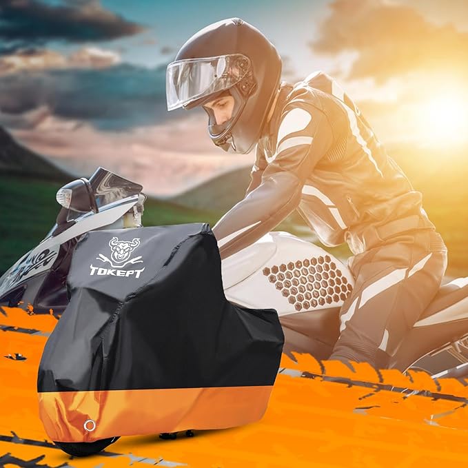 Motorcycle Cover, All-Season Waterproof Outdoor Sun Protection Fit up to 91 Inch Harley-Davidson Honda Suzuki Kawasaki Yamaha (L Black&Orange)