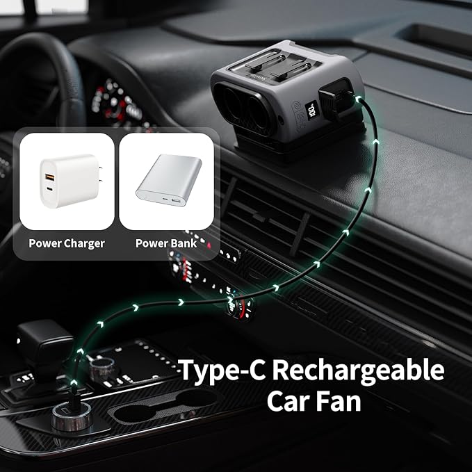 Socool Portable Car Fan - 14500mAh Rechargeable Battery Opearated, Clip on Car Seat Headrest 360 Rotatable, 5-Speed Backseat Fans for Baby Rear Facing Cooling with Dual Air Outlets for SUV RV Truck