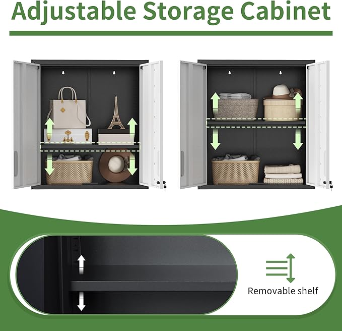 Metal Tool Cabinet,Garage Storage Cabinet System,Wall Cabinet & Locking Rolling Tool Cabinet with Doors and Adjustable Shelves,Steel Tool Cabinets for Home,Office (2 Pcs-StyleA, Black & Grey)