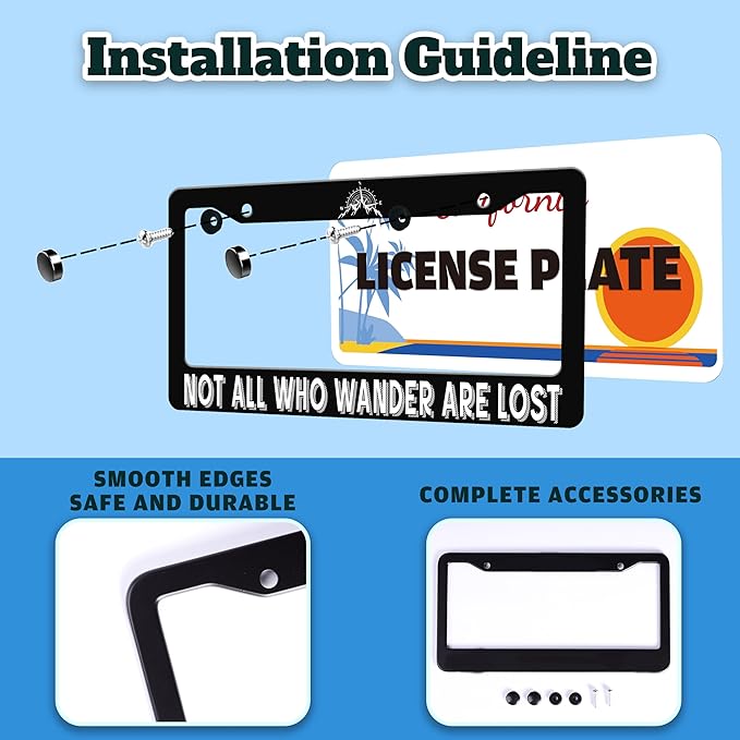 Not All Who Wander are Lost License Plate Frame Mountain Compass Stainless Steel License Plate Holder for Front or Rear Car Tags Funny for Car Decoration with Screws 6.3 X 12.2 in for Women Men
