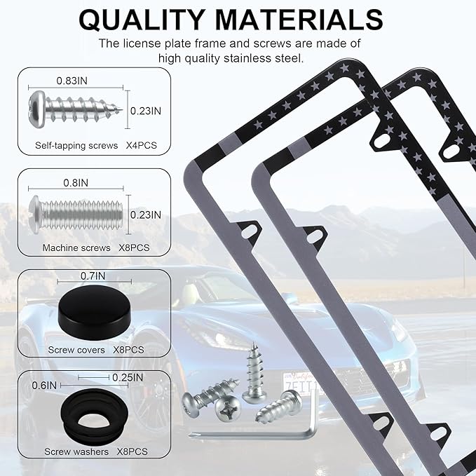 LivTee American Flag License Plate Frames, 4 Holes Stainless Steel License Plate Covers, 2PCS Car License Plate Holder, Automotive Exterior Accessories, Black-Gray