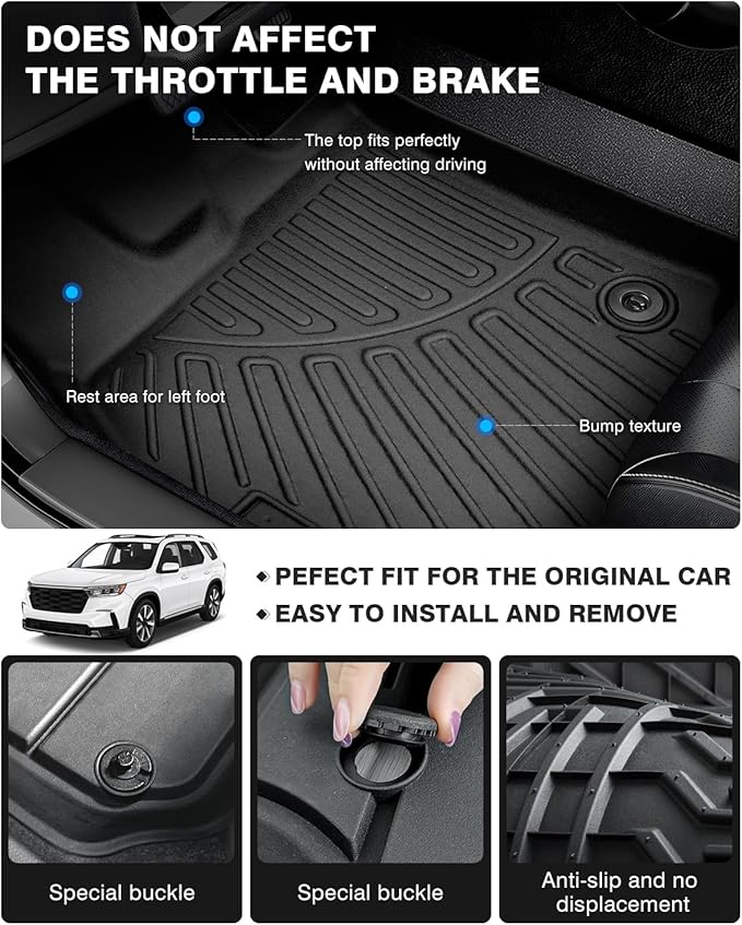 Powerty Floor Mats for 2023 2024 2025 Honda Pilot Accessories All Weather Floor Liner 3D TPE 3 Row Floor Mat Heavy-Duty Floor Liners