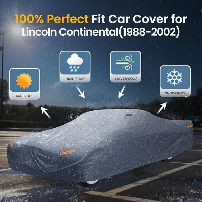 Waterproof Lincoln Continental(1988-2002) Car Cover with Breathable Vents, [2025 Upgrade] Premium Covers with Cotton Liner and Zipper Door, Sun Rain Snow Dust Uv Protection.(Gift with Towel)