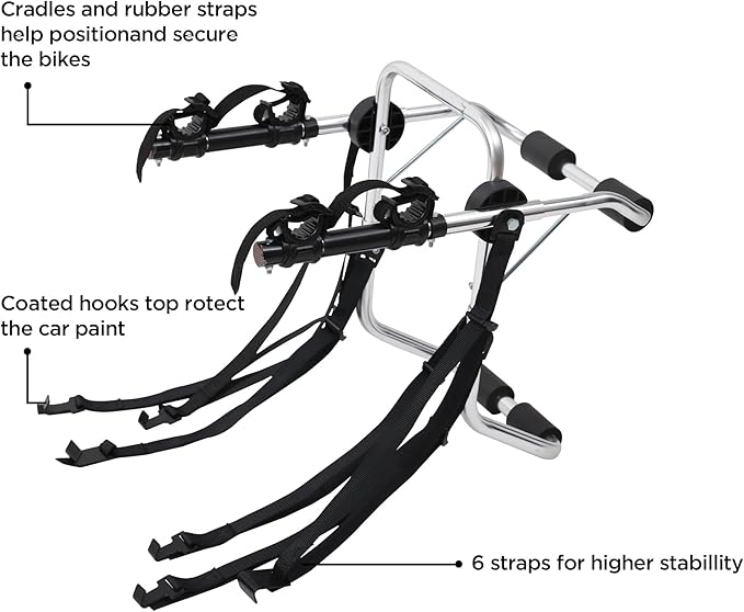 Rockland Aluminum 2-Bike Rack, 70 lbs Capacity, Lightweight Trunk Mount Bike Rack with Hooks and Loops, Fits 2" Receiver for Cars SUVs Minivans