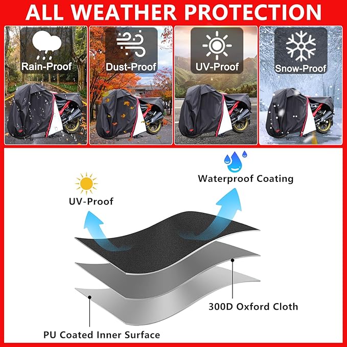 Motorcycle Cover,Waterproof Zipper Outdoor Cover for All Seasons Windproof, High Heat Resistance Dustproof and Rainproof Snowproof(Red Zipper XXXL Fits Up to 116 inch)