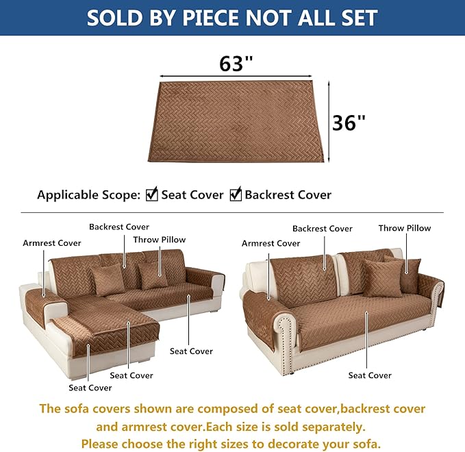 Eismodra Couch Cover,Sectional Couch Covers,Sofa Covers for 3 Cushion Couch,Anti-Slip Sofa Slipcovers for Dogs Cats Kids Loveseat Recliner L Shaped Armrest Backrest,Brown 36''x63''(Only 1 Piece)