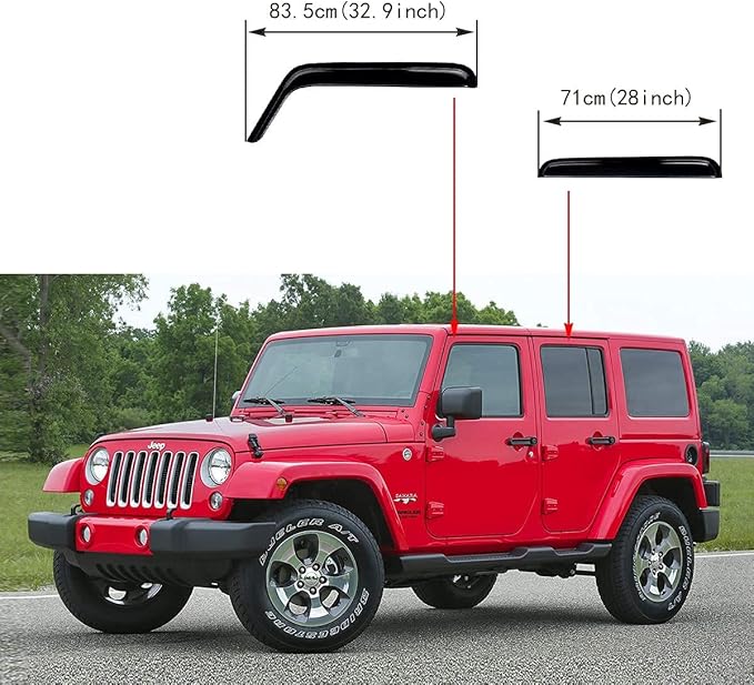Side Window Visor Vent Deflector Rain Guard,4pcs Outside Mount Tape-on Shatterproof Dark Smoke window shades fit for 2007-2018 Jeep Wrangler 4-Door (JK) 94249