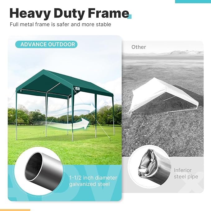 ADVANCE OUTDOOR Adjustable 10x20 ft Heavy Duty Carport Car Canopy Garage Boat Shelter Party Tent, Adjustable Height from 9.5 ft to 11 ft, Green