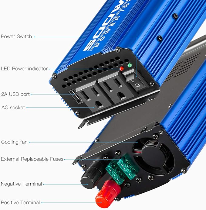 500W Car Power Inverter DC 12V to AC 110V Adapter with 2 AC Outlets and 2A USB Charging Port