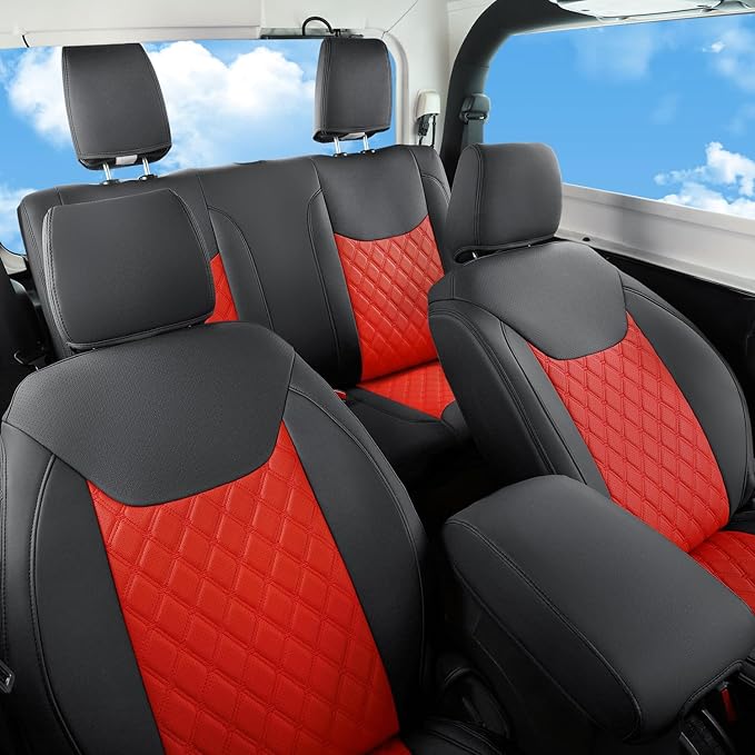 GIANT PANDA Customized Full Set Car Seat Covers for Jeep Wrangler 2 Door JK Sport Sahara Rubicon Freedom Willys Wheeler 2013 2014 2015 2016 2017, Faux Leather - (Black+Red)