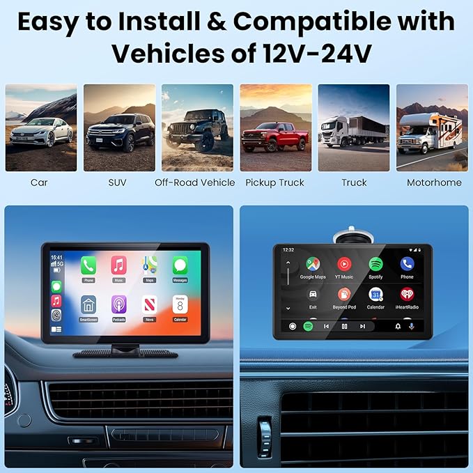 Wireless Portable Carplay Screen with 4K Dash Cam, 9" HD Touch Screen with A-pple Carplay & Android Auto Car Stereo, with 1080p Backup Camera, GPS Navigation/Mirror Link/Voice Control/Bluetooth