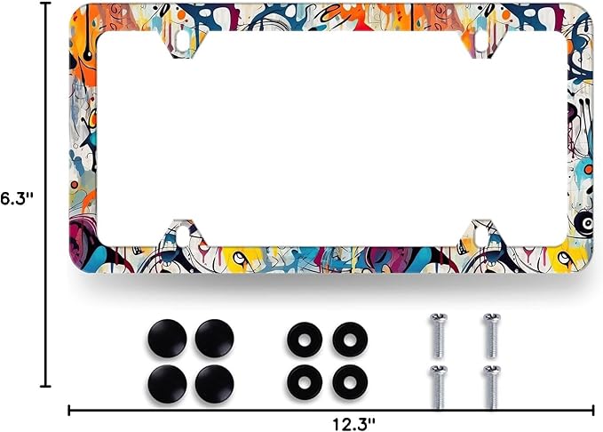 Abstract Graffiti Pattern License Plate Frame Colorful License Plate Stainless Steel Car Accessory Funny License Plate Auto Parts Decoration Men Women Size 12.2" x 6.2" with Screws