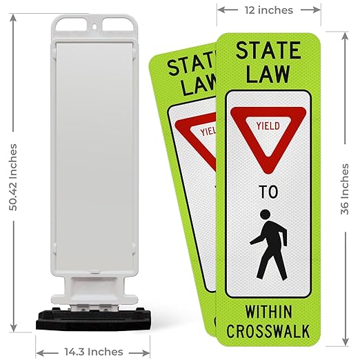 State Law Yield For Pedestrian Within Crosswalk R1-6a MUTCD Sign, Double Sided 3M Engineer Grade Reflective, Portable Rubber Base, Impact Resistant Plastic Frame