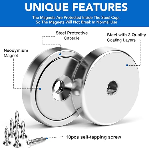 MIKEDE Magnet,150LB+ Neodymium Cup with Super Strong Attraction, Heavy Duty Pot Magnets with Hole for Mounting,Rare Earth Magnets with Screw for Hanging, Office, Craft -10 Pack