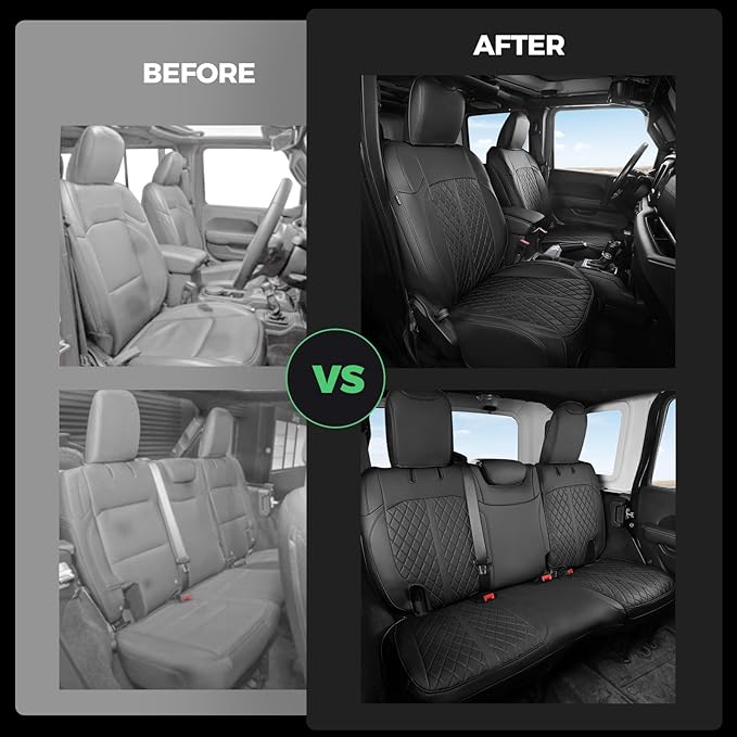 for Jeep Wrangler Seat Covers 4Door JL 2018 2019 2020 2021 2022 2023 2024 2025, Custom Fit Car Seat Cover Full Set, Luxury Waterproof Leather Seat Protectors, Black, W/O Rear Cup Holder