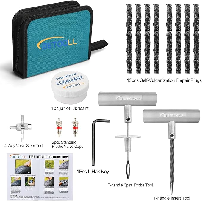 Tire Repair Kit, 24 Pcs Professional Heavy Duty Universal Emergency Flat Tire Repair Kit to Fix Punctures, for car Motorcycle, Truck, Golf Cart, ATV, Tractor, ARB, RV, SUV, Trailer etc.