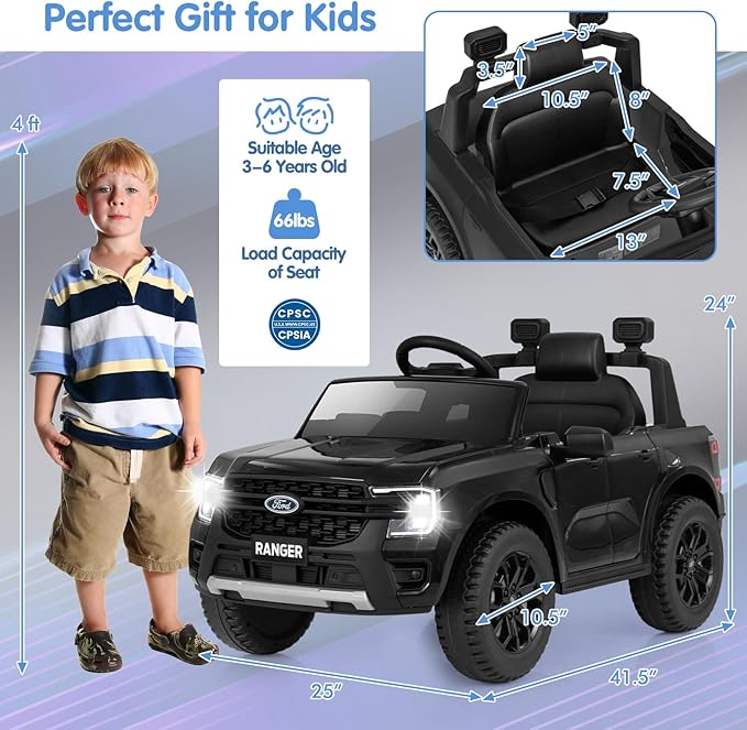 HONEY JOY Ride On Car, 12V Licensed Ford Ranger Electric Vehicle for Kids, Spring Suspension, Music & 3 Speeds, Horn, LED Lights, Battery Powered Ride On Toy with Remote Control(Black)