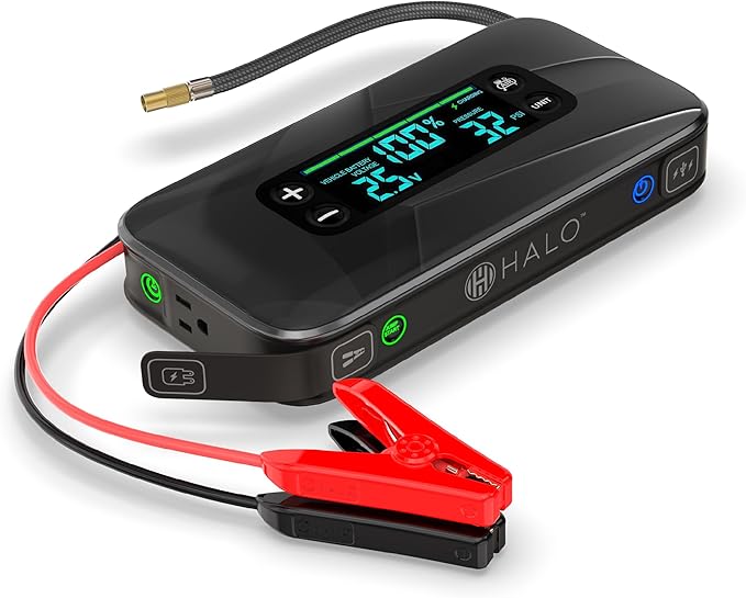 HALO Bolt Ultimate 3 Portable Car Battery Jump Starter | 130 PSI Air Compressor, 55.5Wh USB Power Bank, Large Display, Emergency Floodlight & Charger, Jumps Cars SUVs & Trucks, Inflates Tires — Black