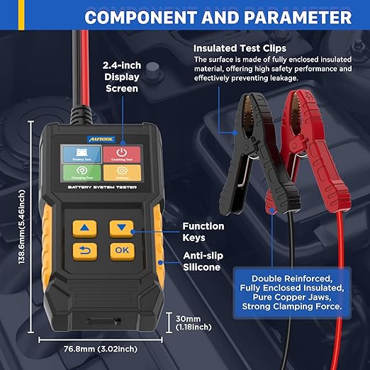 AUTOOL Car Battery Tester 12V 24V Battery Load Tester 30-2000 CCA Automotive Battery Tester, Cranking Charging System Analyzer, Color Screen Data Review Reverse Polarity Protection