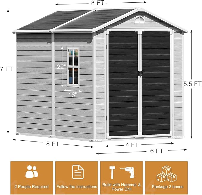Restland 8x6 FT Resin Storage Shed with Floor, Waterproof Outdoor Plastic Sheds with Window for Backyard Garden Patio Lawn Tools, Gray