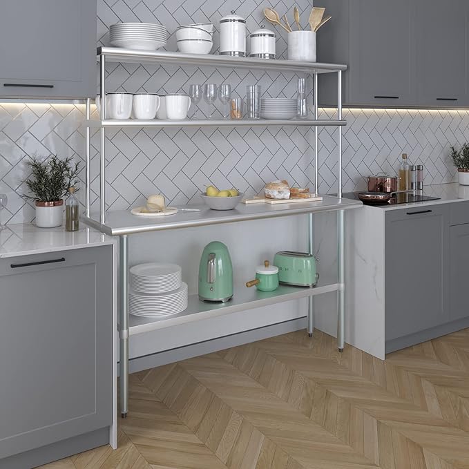 Amgood Stainless Steel Work Table Double Tier Overshelf | Metal Kitchen Prep Table & Shelving Combo (18" x 60" Work Table + 12" Overshelf)