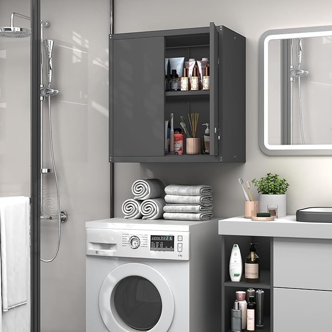 GREATMEET Metal Wall Cabinet, Wall Mounted Cabinet with Doors and Adjustable Shelf, Metal Storage Cabinet with Lock, Wall Cabinet for Garage, Pantry, Utility Room, Black