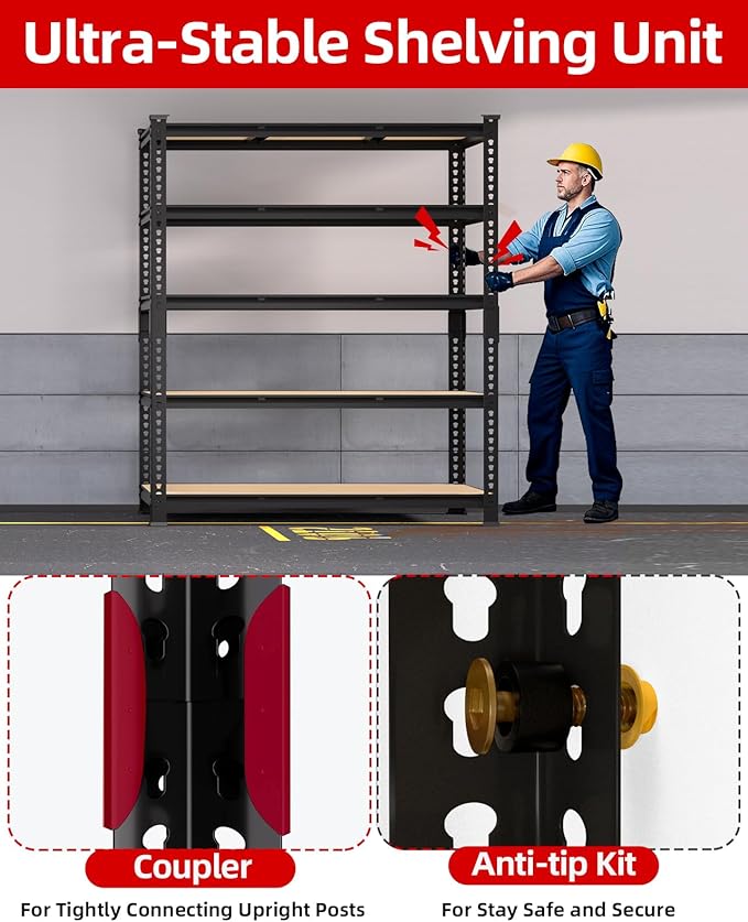 PrimeZone Heavy Duty Garage Storage Shelves - 48" W X 24" D X 72" H Adjustable Metal Shelving Unit, 5 Tier Industrial Shelves for Storage Standing Utility Rack for Warehouse, Basement, Black, 6 Pack