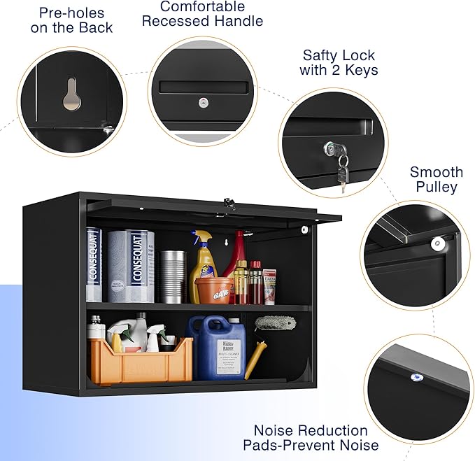 Yizosh Metal Garage Wall Cabinet with Doors and Shelves, Wall Mounted Metal Storage Cabinet, Floating Garage Tool Cabinet for Garage, Basement, Kitchen, Warehouse (Black, 21.6" H)