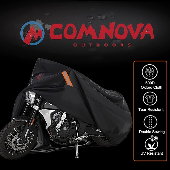 Comnova Motorcycle Cover 104 Inch, 600D Universal Motorcycles Cover Waterproof with Lock-Holes All Season, Large Motorbike Vehicle Scooter Cover for Harley Davidson, Honda, Suzuki, Kawasaki, Yamaha