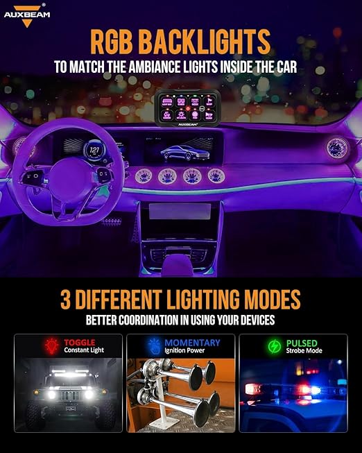 Auxbeam 8 Gang Switch Panel RC-800 RGB Wireless Remote Control Range Up to 165FT Multifunction Switch Pod 3 lighting modes with Backlit Off and Auto Dimmable for RV Offroad Waterproof 2 Years Warranty