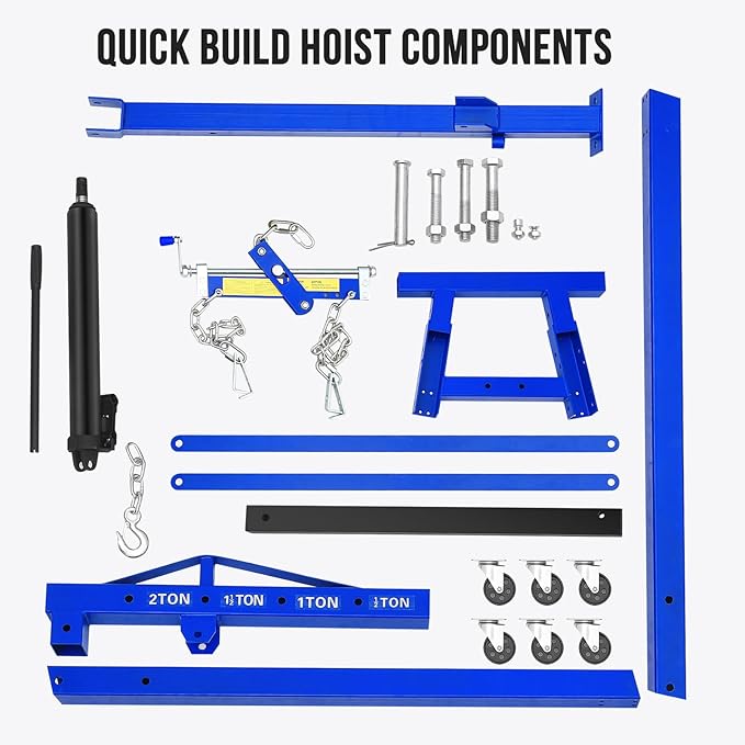 2 Ton Hydraulic Engine Hoist with Lever Stabilizer , Cherry Picker Engine Hoist, 4400LBS Heavy Duty Garage Crane with 6 Swivel Casters & Adjustable Telescopic Boom, for Auto Repair & Workshop (Blue)