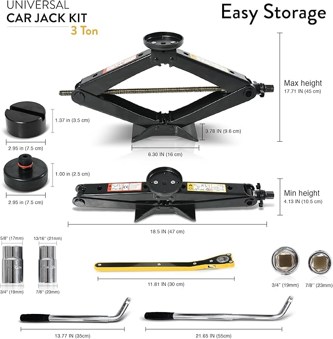 Car Jack Kit with Tesla Pad & Universal Rubber Pad | Scissor Jack for Car 3 Ton (6,600 lbs) - Tire Jack Tool Kit | Portable, Ideal for SUV and Auto - Universal Car Emergency Kit with Lug Wrench