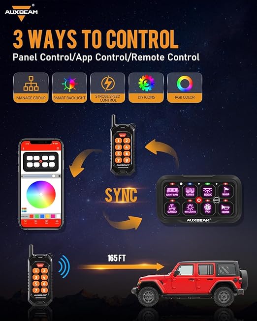 Auxbeam 8 Gang Switch Panel Bluetooth RGB AC-800 with APP&Remote Control Toggle Momentary Pulsed Switch Pod Off Backlight for Truck Offroad UTV ATV Car Marine 12-24V Waterproof 2 Years Warranty