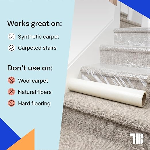 TapeManBlue Carpet Protection Film 36" x 200' roll. Made in The USA. Easy Unwind, Clean Removal, Strongest and Most Durable Plastic Carpet Protector. Clear, Self-Adhesive Surface Protective Film.