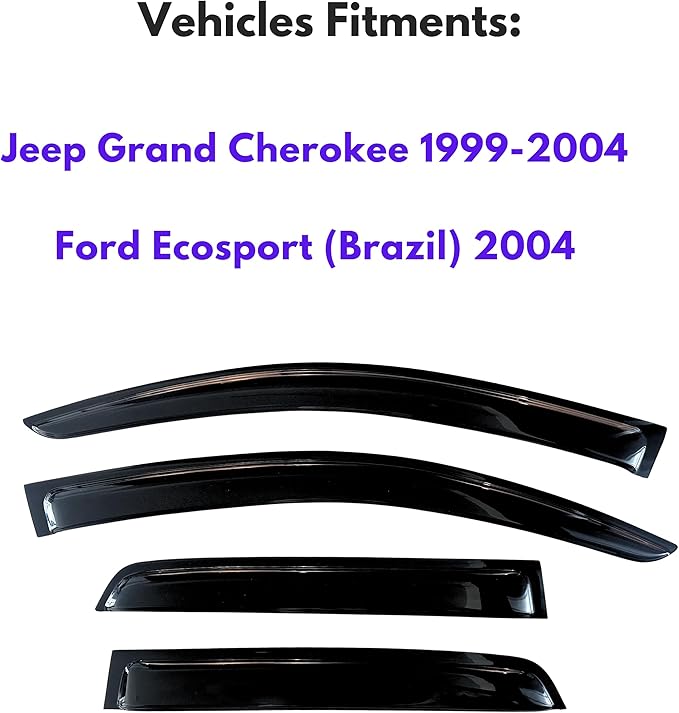 KPY Window Visors Compatible with Jeep Grand Cherokee 1999-2004 & Ford Ecosport (Brazil) 2004, 4PC Rain Guard Side Vent Deflectors Tape-On Style, 1999 2000 2001 2002 2003 2004
