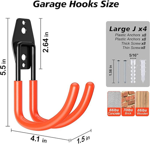 4 Pack 5.5x4.1 inch J Heavy Duty Garage Hooks,Solid Steel Wall Mount Hangers,with Anti-Slip Coating,for Hanging and Organising Ladder,Bike,Ropes,Broom,Garden,Yard and Power Tools