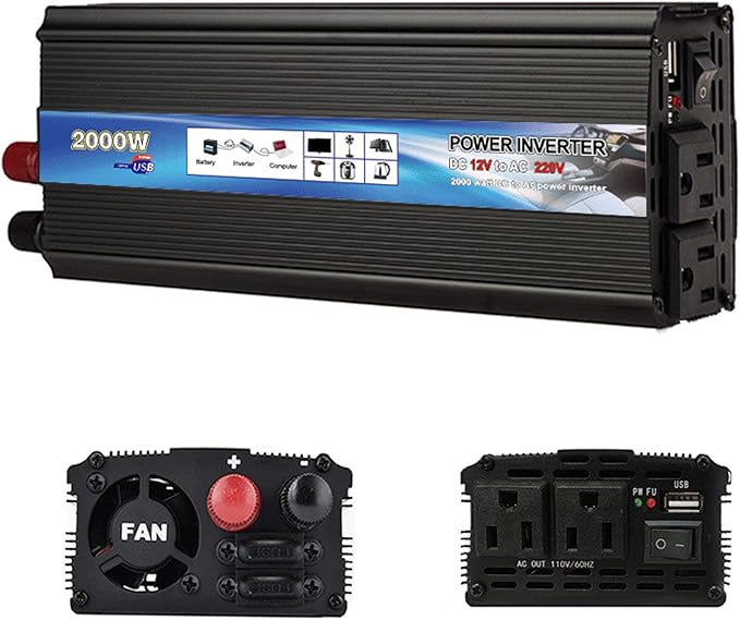 Power Inverter 2000W Car Power Inverters,12 Volt Inverter for Vehicles, 12V DC to 110V AC Car Plug Adapter Outlet Converter for Laptop Vehicles Camping Road Trip Essentials Adults