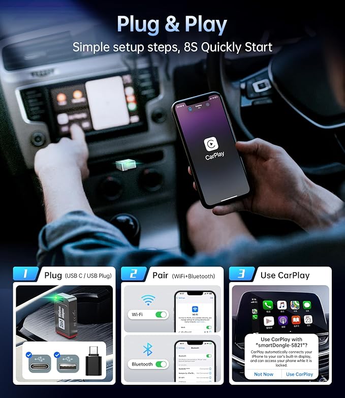 Wireless Carplay Adapter, 2025 Upgrade Mini USB Design for Car Play & Android Auto, Easy Use Fast Stable Connection for iPhone