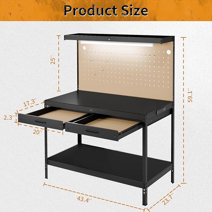 Work Bench, Work Benches for Garage, Work Table, A3 Steel 600LBS Capacity Workbench for Garage Tool Storage Workshop Basement, Tool Table Bench