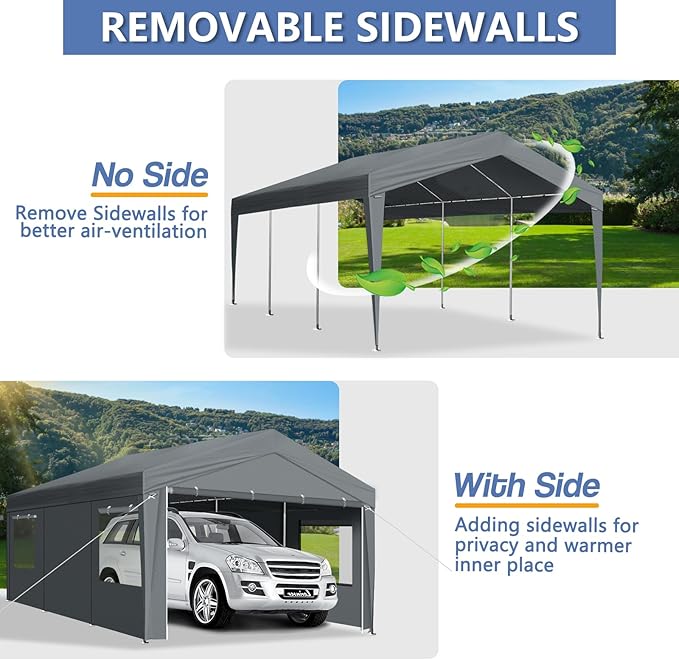 VINGLI 12x20 Carport Canopy Portable Garage with Roll-up Windows & Removable Sidewalls, Car Canopy Heavy Duty Car Tent for SUV, Boats, RVs, Trucks (with Sidewalls)